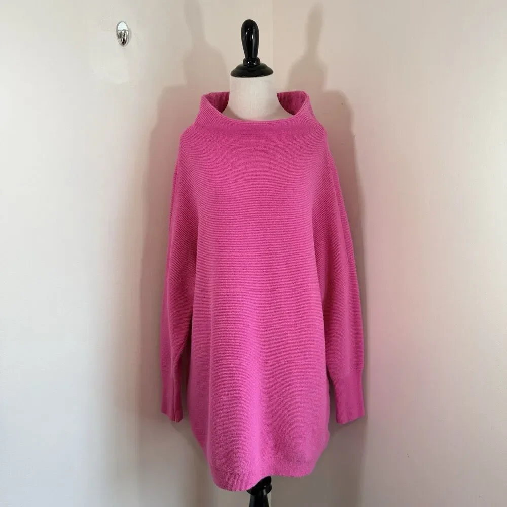 Free People Ottoman Slouchy Tunic Knit Sweater Women's Medium Electric Pink